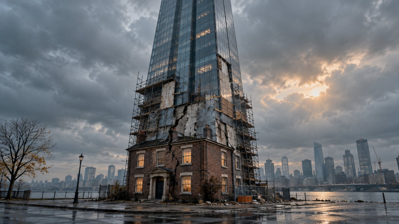A glass skyscraper built on top of a small brick house, its walls cracked and held up by scaffolding, against a stormy city skyline.
