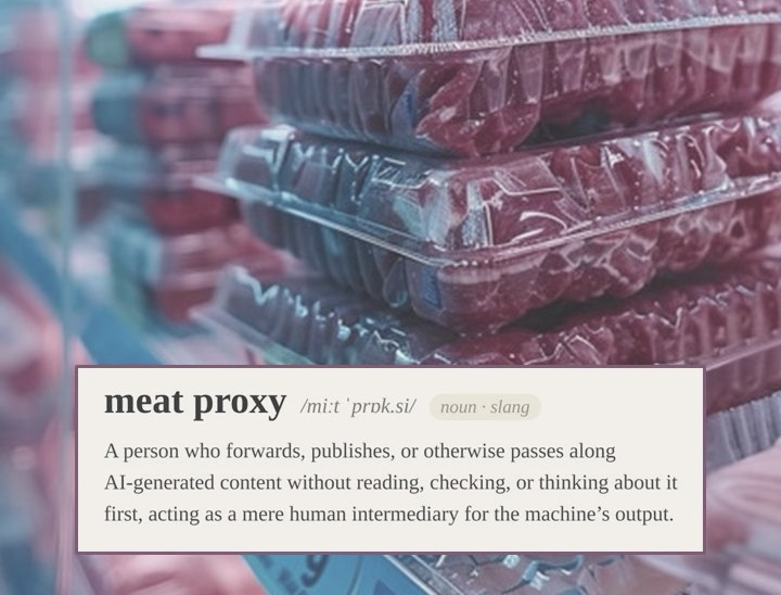 Stacked packs of meat under the headline 'Are we becoming just meat proxies?', with a dictionary definition: a person who passes along AI-generated content without reading, checking or thinking about it first.