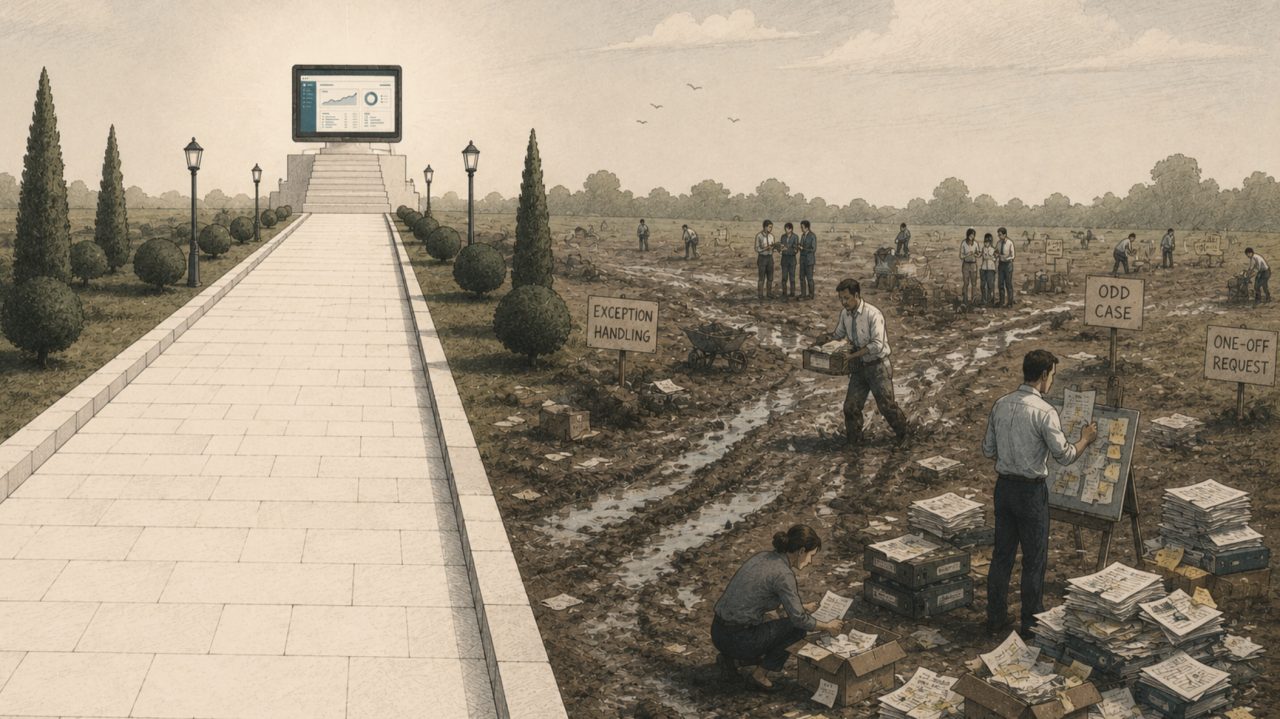 A clean paved path to a dashboard, beside a muddy field of exception handling and one-off requests.